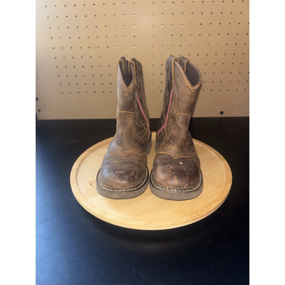 Justin Glitzi Cowgirl Western Boots Girls 1 D Leather Brown Pink JK9915 Light Up - Picture 2 of 7